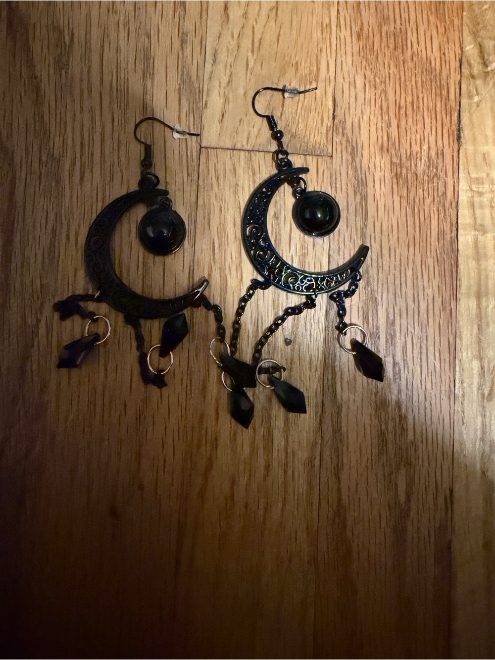 Black Crescent Moon Dangle Earrings with Bead and Chain Charms